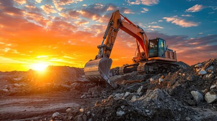 Excavator at a construction site against the setting sun - obrazy, fototapety, plakaty
