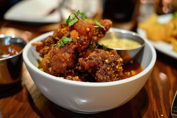 Deep fried crispy nuggets served in a white bowl