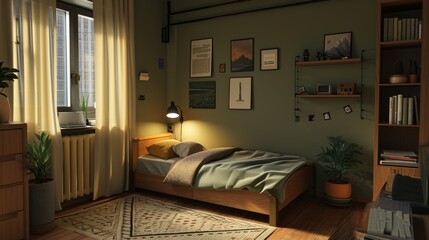 Cozy bedroom in a modern apartment, single bed, detailed, small room