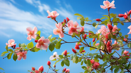 beautiful spring border blooming rose bush with clear blue sky