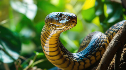 Fototapeta premium Close-up of a brown snake moving through green foliage