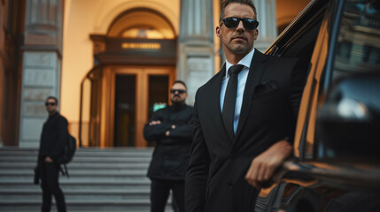 Professional team of male bodyguards at work. protect a VIP celebrity person in car limousine. Bodyguard and VIP person security protection. Agent in civilian black suit.