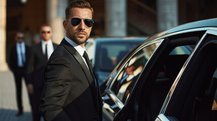 Professional team of male bodyguards at work. protect a VIP celebrity person in car limousine. Bodyguard and VIP person security protection. Agent in civilian black suit.