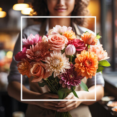 Closeup portrait of young female florist holding bouquet. Frame flower, valentine day concept.