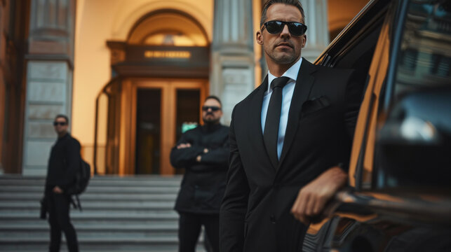 Professional team of male bodyguards at work. protect a VIP celebrity person in car limousine. Bodyguard and VIP person security protection. Agent in civilian black suit.