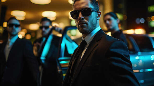 Professional team of male bodyguards at work. protect a VIP celebrity person in car limousine. Bodyguard and VIP person security protection. Agent in civilian black suit.