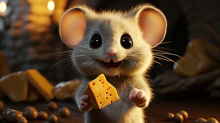 3d illustratoin of cute gray mouse standup with a piece cheese. - obrazy, fototapety, plakaty