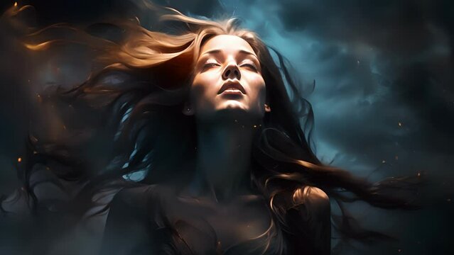 A woman shrouded in darkness appears in the night sky fading away amidst the stars.
