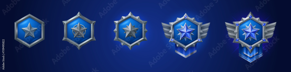 Poster military game rank buttons set isolated on background. vector realistic illustration of hexagonal bl