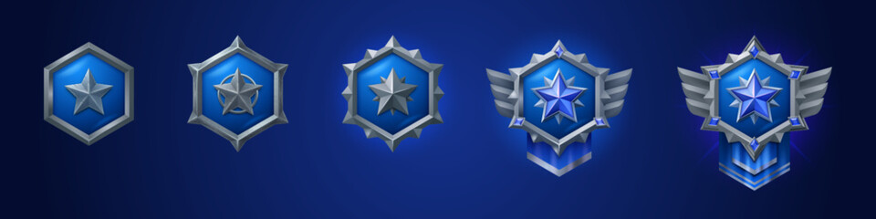 Military game rank buttons set isolated on background. Vector realistic illustration of hexagonal blue shield badges in iron frames decorated with gemstone star and wings, winner award, success symbol - obrazy, fototapety, plakaty