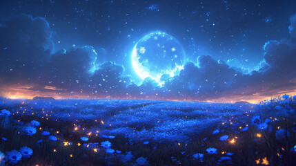 Fantasy landscape with full moon in the sky.