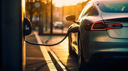 EV charging station for electric car in concept of green energy and eco power produced - obrazy, fototapety, plakaty