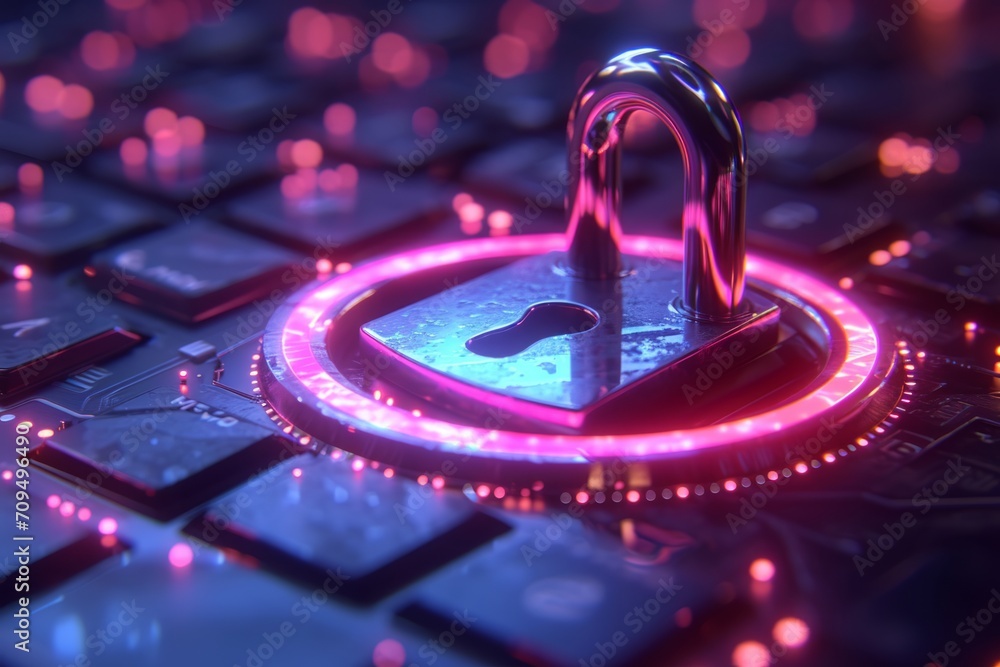 Poster cyber security concept. padlock on computer keyboard.