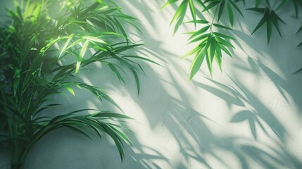 bamboo leaves on white wall with shadow and light