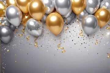 Shiny Golden and silver, gray metallic balloons and confetti Celebrating Happy Birthday and Congratulations with Sparkling Confetti Background copy space for text.