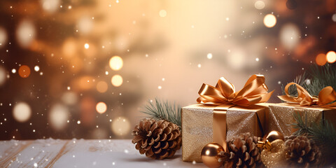 Fototapeta na wymiar gift boxes with blur Christmas tree and festive gold bokeh lighting background, Magical Christmas Presents Gold Bokeh and Festive Surprises