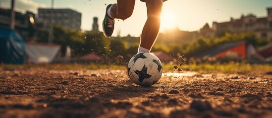 A photo shot of the legs of a boy running with a dribble on a soccer field.	 - obrazy, fototapety, plakaty