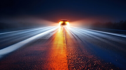 The rear lights of a car shine brightly on a foggy road at dusk, illuminating the icy path during winter travel.