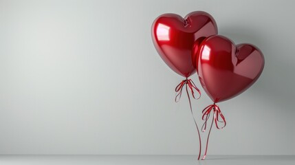  a couple of red heart shaped balloons floating on top of a white surface with a red string attached to one of the balloons.