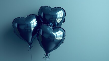  a bunch of metallic heart shaped balloons hanging from a string on a blue wall with a light coming through the window. - obrazy, fototapety, plakaty