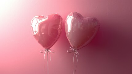  two heart - shaped balloons tied to a pink wall with a white ribbon on the end of each of the balloons.