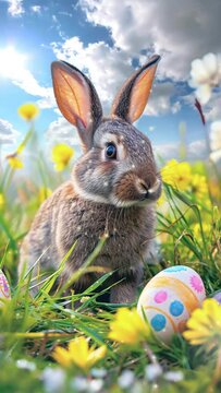 easter bunny and painted eggs in the spring meadow, looping animation background vertical video