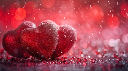  a couple of red hearts sitting next to each other on top of a red table covered in drops of water.