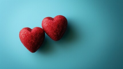  a couple of red hearts sitting on top of a blue surface with one red heart on top of the other.
