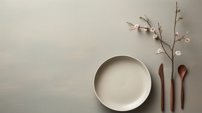 A minimalistic flat lay capturing the essence of calm, with a simple glass vase holding a single stem, an empty ceramic plate, and a neatly placed spoon