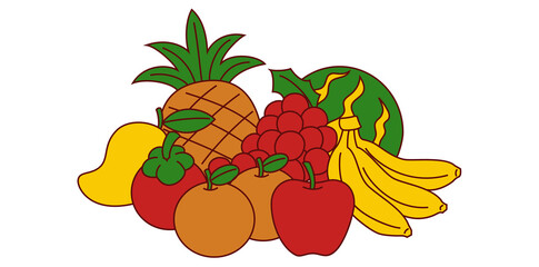 Variety Of Fruits Icon, Flat Drawing Style Healthy Diet Fruits Vector Illustration.