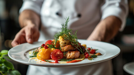 chef dish presentation. food in restaurant.