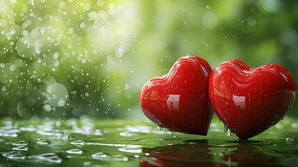  a couple of red hearts sitting next to each other on top of a puddle of water in front of a green background.