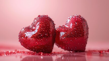  a couple of red hearts sitting next to each other on top of a pink surface with drops of water on them.