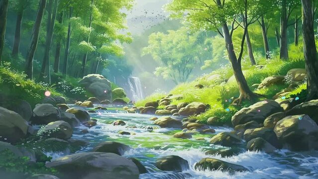 nature anime landscape with the river in the forest, looping animation background