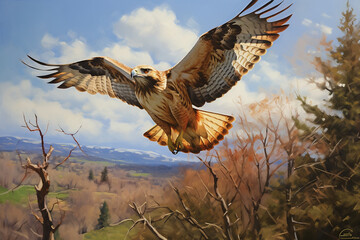 Fototapeta premium Red-tailed buzzard, Chicken Hawk, Mouse Hawk, Hen Hawk, Red-tail flying