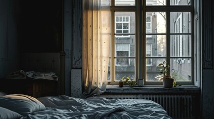  a bed sitting under a window next to a window sill with a potted plant on top of it.