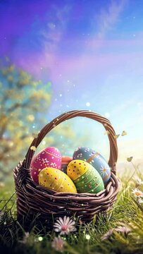 easter painted eggs on a basket in the spring meadow, looping animation background vertical video