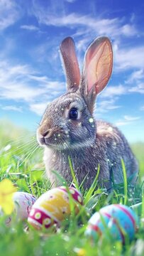 easter bunny and painted eggs in the spring meadow, looping animation background vertical video