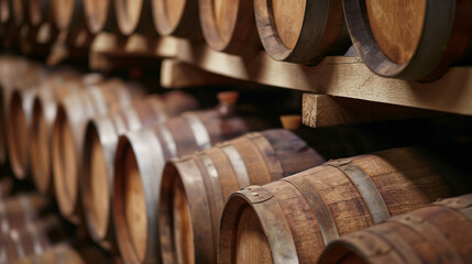 wine wooden barrels in winery.