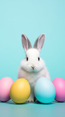 Fototapeta na wymiar An adorable white bunny surrounded by pastel-colored Easter eggs against a light blue background, a symbol of spring and festivity.