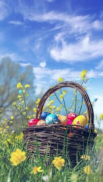 easter painted eggs on a basket in the spring meadow, looping animation background vertical video