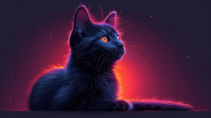  a close up of a black cat on a purple background with a red light in the middle of the image.