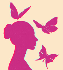 Trendy female silhouette risograph style. Vector illustration in a modern minimalist style with Riso print effect.Print, logo, poster templates, tattoo idea, advertising, fabric print SHOTLISTretro.