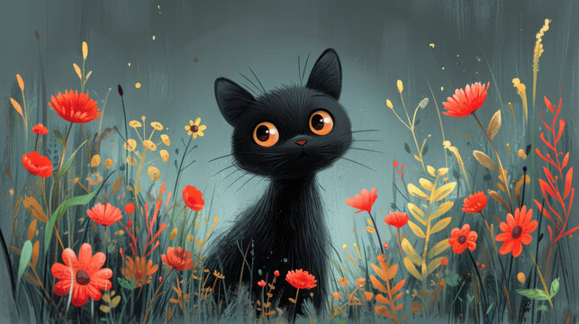  a painting of a black cat sitting in a field of flowers with a full moon in the sky in the background.