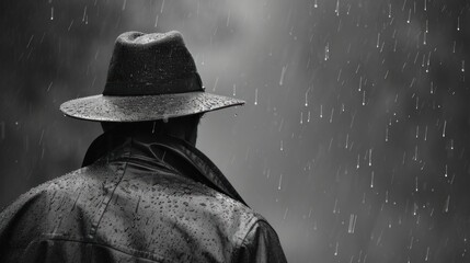  a black and white photo of a man wearing a hat in the rain with rain drops falling down on him. - obrazy, fototapety, plakaty