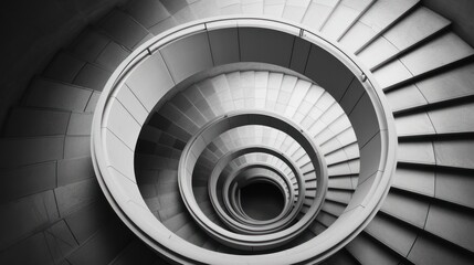  a black and white photo of a spiral staircase with a view of the ground from the top of the spiral staircase.