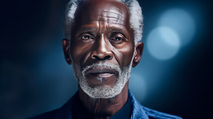 Handsome elegant, elderly African American man, on dark blue, banner, close-up, copy space.