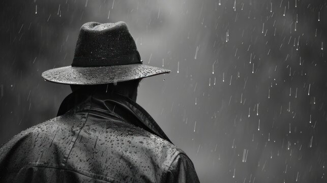  a black and white photo of a man wearing a hat in the rain with rain drops falling down on him.