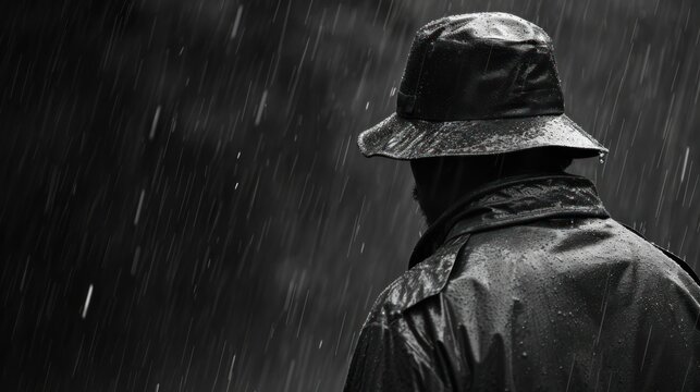  a black and white photo of a man wearing a raincoat and a hat in the rain with a black background.