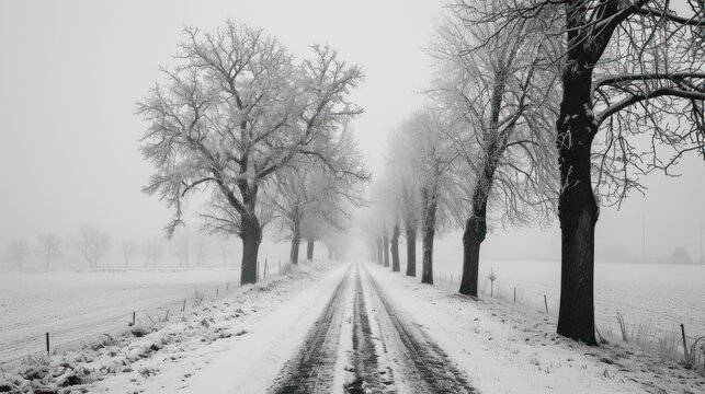  a black and white photo of a snowy road with trees on both sides of the road and snow on the ground.